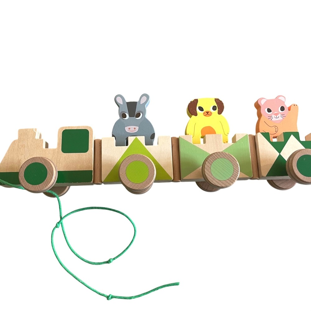 Wooden‎ Animal Train Pull Toy Kids OS Green Montessori Waldorf Rolling Carriages